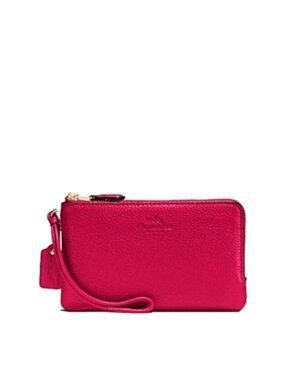 Coach F66505 Pebble Leather Double Corner Zip Wristlet, IM/Bright Pink
